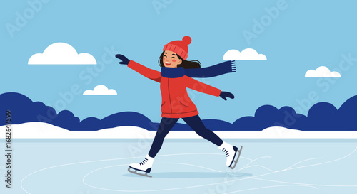 Cheerful Woman Ice Skating on Frozen Pond.