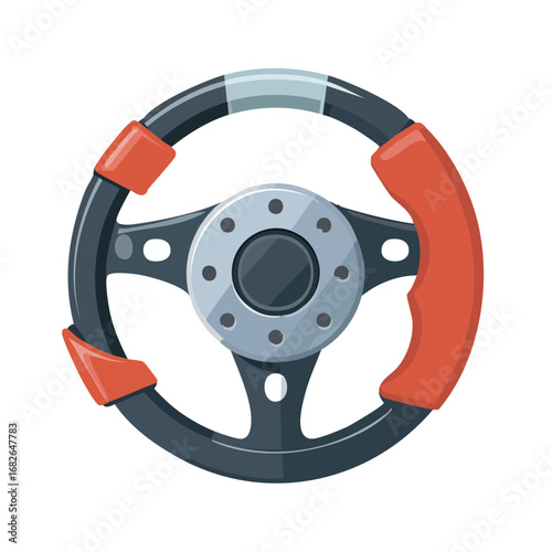 A stylized illustration of a steering wheel, featuring a black rim and red grips.