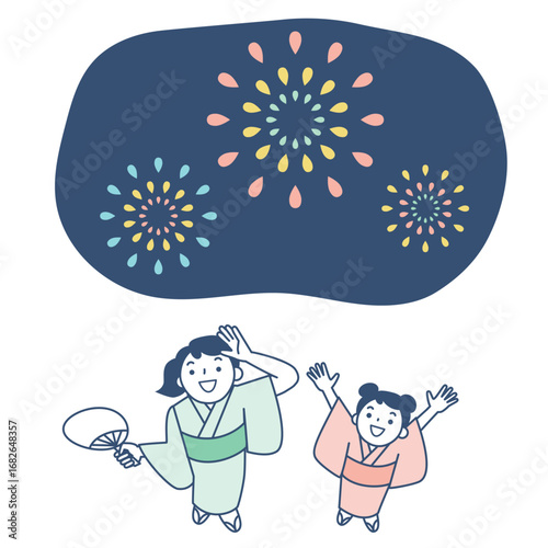 打ち上げ花火を見る浴衣を着た母親と女の子