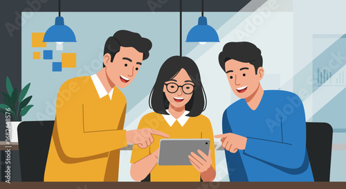 Team of Three Examining Tablet Together Smiling.