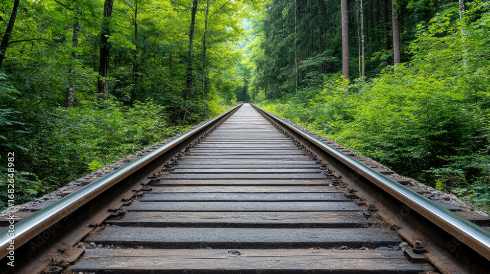 Obraz premium Old train tracks lead into dense forest, surrounded by lush greenery and tall trees