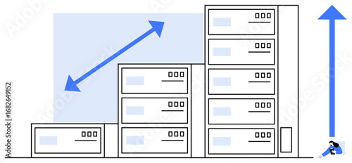 Server stacks arranged in ascending height with upward and diagonal growth arrows. Ideal for scalability, growth, data storage, cloud computing, technology development, IT infrastructure, simple