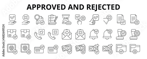 30 Approved and Rejected Line Icons Vector - Quality Control, Checklist Document, Pending, Choose, Email Sent, Email Failed, Card Received, Card Rejected 