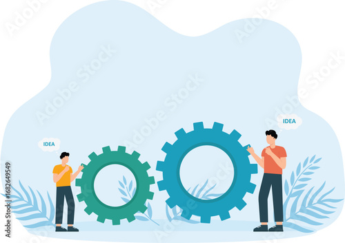 Teamwork and corporate for business success, Two businessmen cooperation push the gear together for personal success concept,

