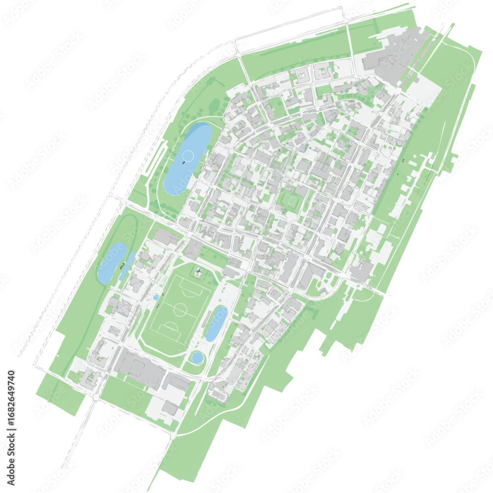 Fototapeta premium A minimalist bird's-eye perspective of a modern city or extensive campus, illustrating detailed architectural layouts, vibrant green spaces, and serene water features.