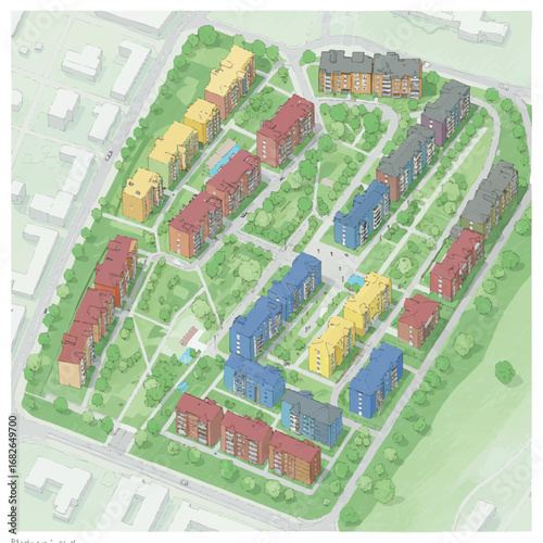 This detailed aerial illustration presents a vibrant, modern residential complex with colorful apartment buildings, ample green spaces, and a thoughtful urban design.