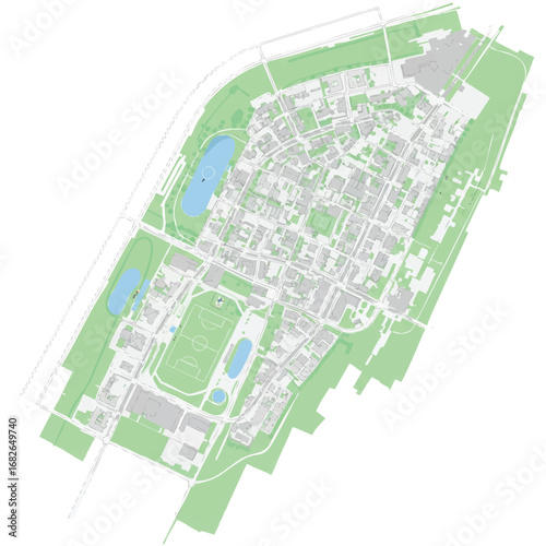 A minimalist bird's-eye perspective of a modern city or extensive campus, illustrating detailed architectural layouts, vibrant green spaces, and serene water features.