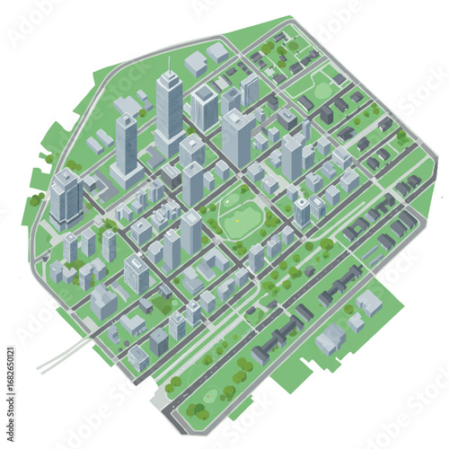 An isometric illustration depicts a modern urban landscape with skyscrapers, residential areas, and green parks, showcasing city planning and infrastructure.
