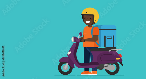 Smiling Delivery Person on Purple Scooter with Backpack.