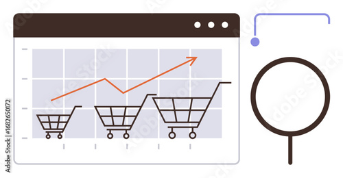 Browser window with a graph showcasing shopping carts and an upward arrow indicating growth. Magnifying glass for analysis. Ideal for e-commerce, business growth, analytics, market trends