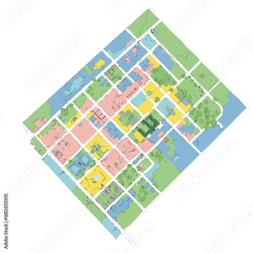 A vibrant, abstract urban plan illustrates a conceptual city layout with diverse land use zones and green spaces, reflecting modern architectural development ideas.