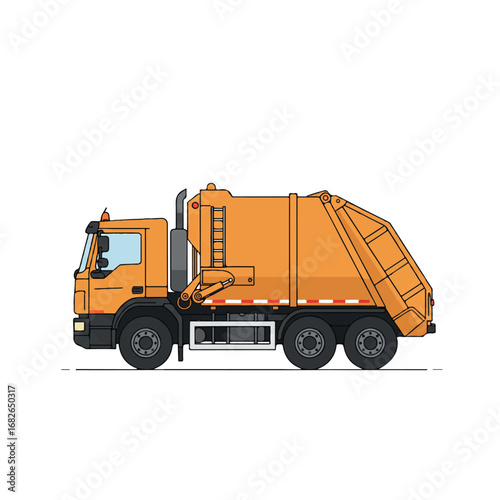 A clean 2D flat vector illustration showcases a modern garbage truck in a robust side view, featuring minimalist solid colors and subtle compaction mechanism details.