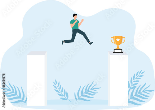 Businessman jump over obstacles chasm go to the goal for business success concept, 

