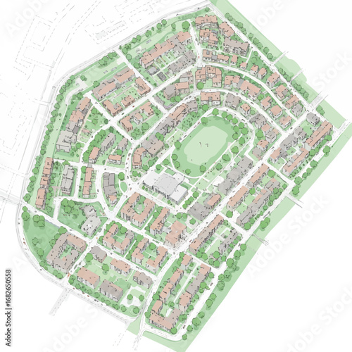 A meticulously designed architectural master plan illustrates a modern residential community layout, showcasing diverse housing, winding streets, and ample green spaces.