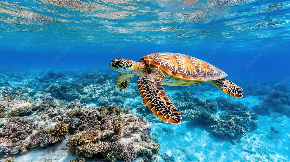Fototapeta premium Sea turtle gliding gracefully through clear turquoise waters above vibrant coral reef