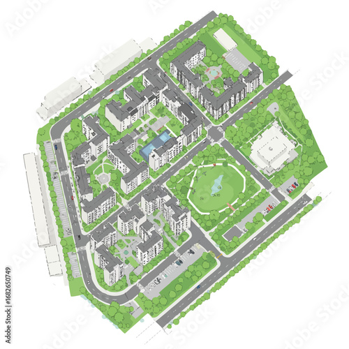 Detailed isometric view depicts a modern residential complex, featuring apartment buildings, green spaces, a pool, and efficient urban infrastructure.