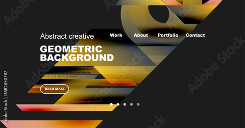 Modern website mockup features geometric shapes, orange hues, dark background. Text includes headings, sample content, call to action button.