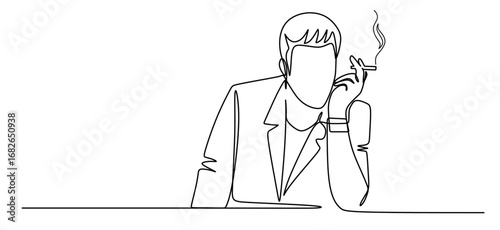 Continuous line art of a man in a work suit smoking and relaxing after work. Break time at work. Vector illustration