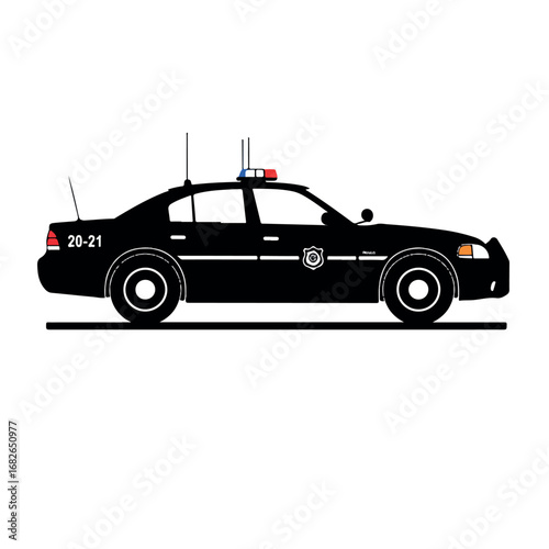 A striking 2D flat vector illustration of a police patrol car, presented from the side with clean lines and solid colors, highlighting its iconic silhouette isolated on a clean white background.