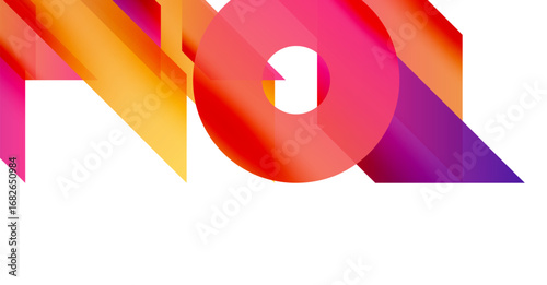 Bright abstract design features bold text NO with vibrant gradient colors. Geometric shapes overlap creating dynamic visual impact.