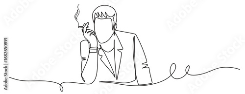 Continuous line art of a man in a work suit smoking and relaxing after work. Break time at work. Vector illustration