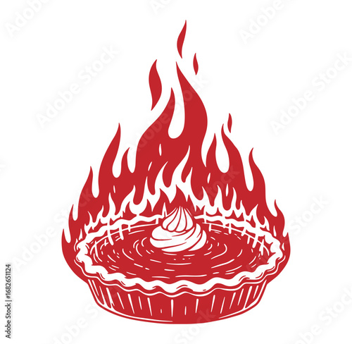 A delicious pie engulfed in flames showing a unique culinary concept and imagery.