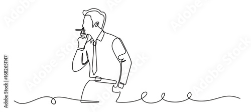 Continuous line art of a man in a work suit smoking and relaxing after work. Break time at work. Vector illustration