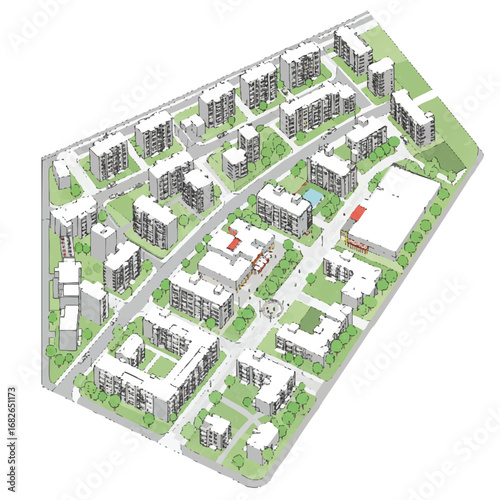Modern residential master plan, aerial rendering features apartment buildings, green spaces, roads, reflecting urban planning.