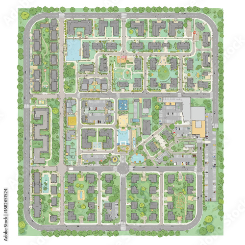 A comprehensive aerial illustration depicting a meticulously planned modern residential community, showcasing urban design, green spaces, and diverse housing options.