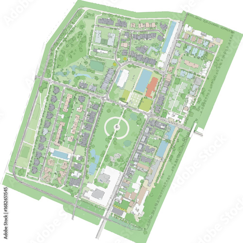 An intricate overhead architectural master plan illustrates a modern sustainable community design with diverse residential buildings, green spaces, and integrated infrastructure.