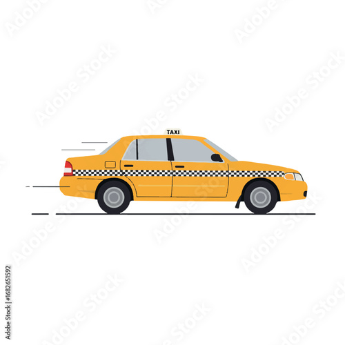 A yellow taxi cab in a dynamic side view, depicted with minimalist 2D flat vector illustration, suggesting swift urban movement on a clean white background.
