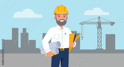Smiling Architect Holding Plans and Pencils on Construction Site.