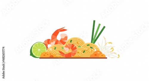 Delicious Pad Thai Noodles with Shrimp Lime and Bean Sprouts Asian Cuisine Illustration
