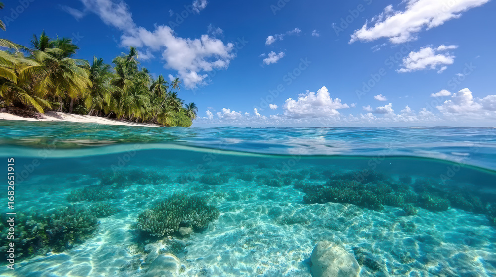 Fototapeta premium Crystal clear water reveals vibrant coral reefs beneath surface, surrounded by lush palm trees