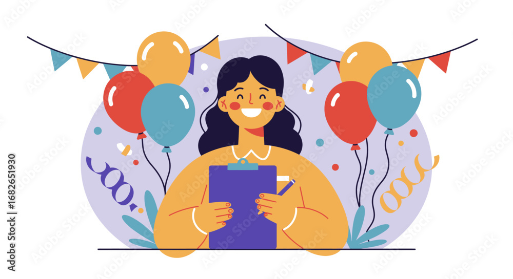 Naklejka premium Smiling Woman Holding Clipboard with Party Balloons.