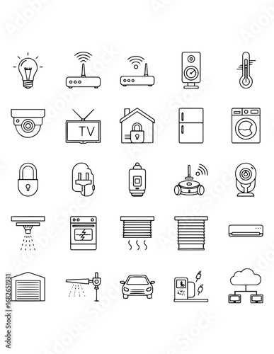 A comprehensive collection of minimalist line icons representing various smart home devices, IoT technology, and home automation systems for intelligent living