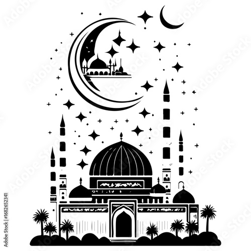 Elegant islamic design featuring a detailed mosque silhouette beneath a crescent moon and