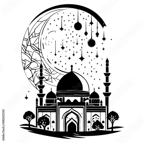 Elegant islamic design featuring a mosque silhouette against celestial crescents and suspended
