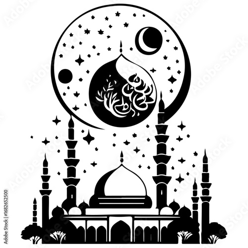 Elegant islamic silhouette featuring a mosque crescent moon stars and decorative ornamentation