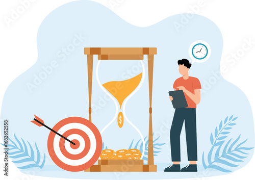Time management and deadline for project work, Businessman working with laptop on big hourglass, Work goals time to money for business success concept,   

