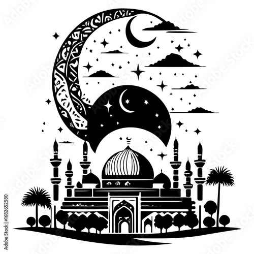 Elegant islamic vector design showcasing a mosque under a crescent moon and celestial bodies