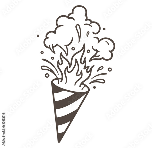 Artistic hand drawn illustration of a festive party popper bursting with smoke and fire