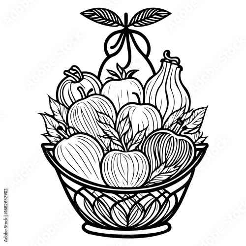 Elegant line art illustration of a bountiful fruit basket overflowing with apples and pears
