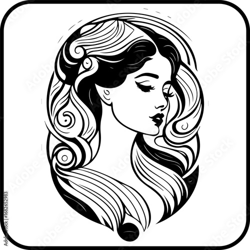 Elegant linework portrait of a woman with flowing hair evoking grace beauty and serenity