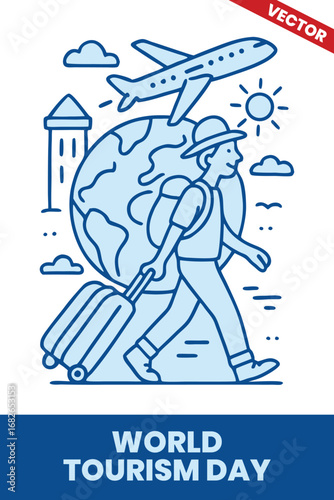 World Tourism Day: outline graphic illustration, Creative travel poster showcasing cultural treasures, natural wonders, and responsible exploration for global travelers.