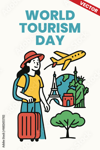 World Tourism Day: Cute and colourful vector illustration, Celebrate global unity and cultural exploration with a creative tourism poster design promoting sustainable travel, iconic destinations