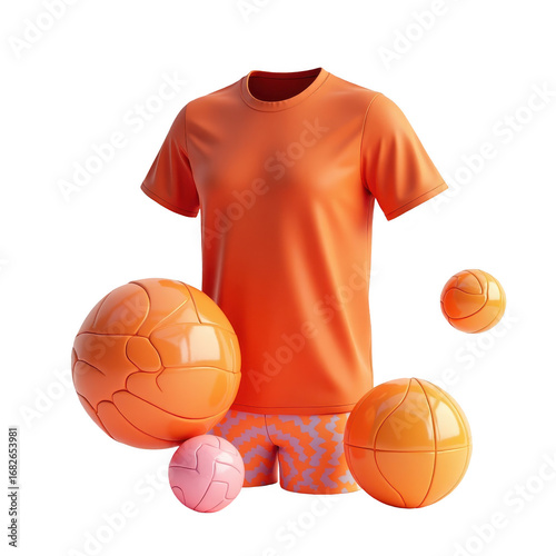 Vibrant orange sports apparel and balls, displayed against a black backdrop, with a playful design and colors.