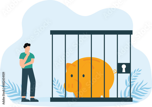 Lose money investment in financial crisis, Money out of wallet and profit and loss in business, Piggy bank in a cage for business success concept,

