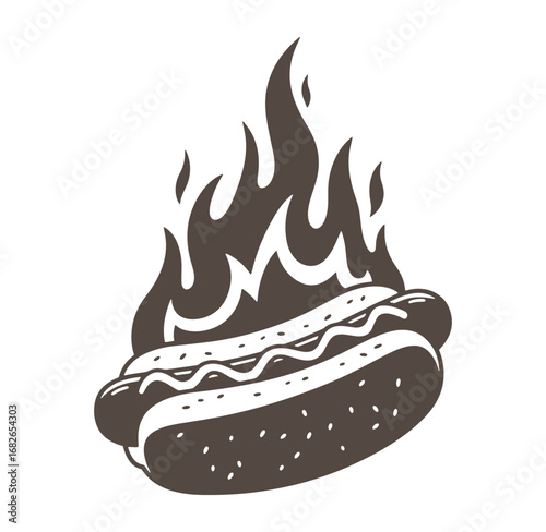 Bold illustration of hot dog with flames representing deliciously grilled and spicy food