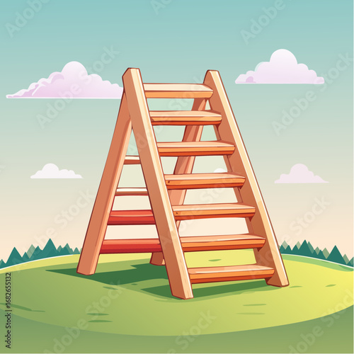 Cartoon vector illustration of a wooden stepladder on a green hill, symbolizing progress, growth, and the climb to success in business or a personal journey
